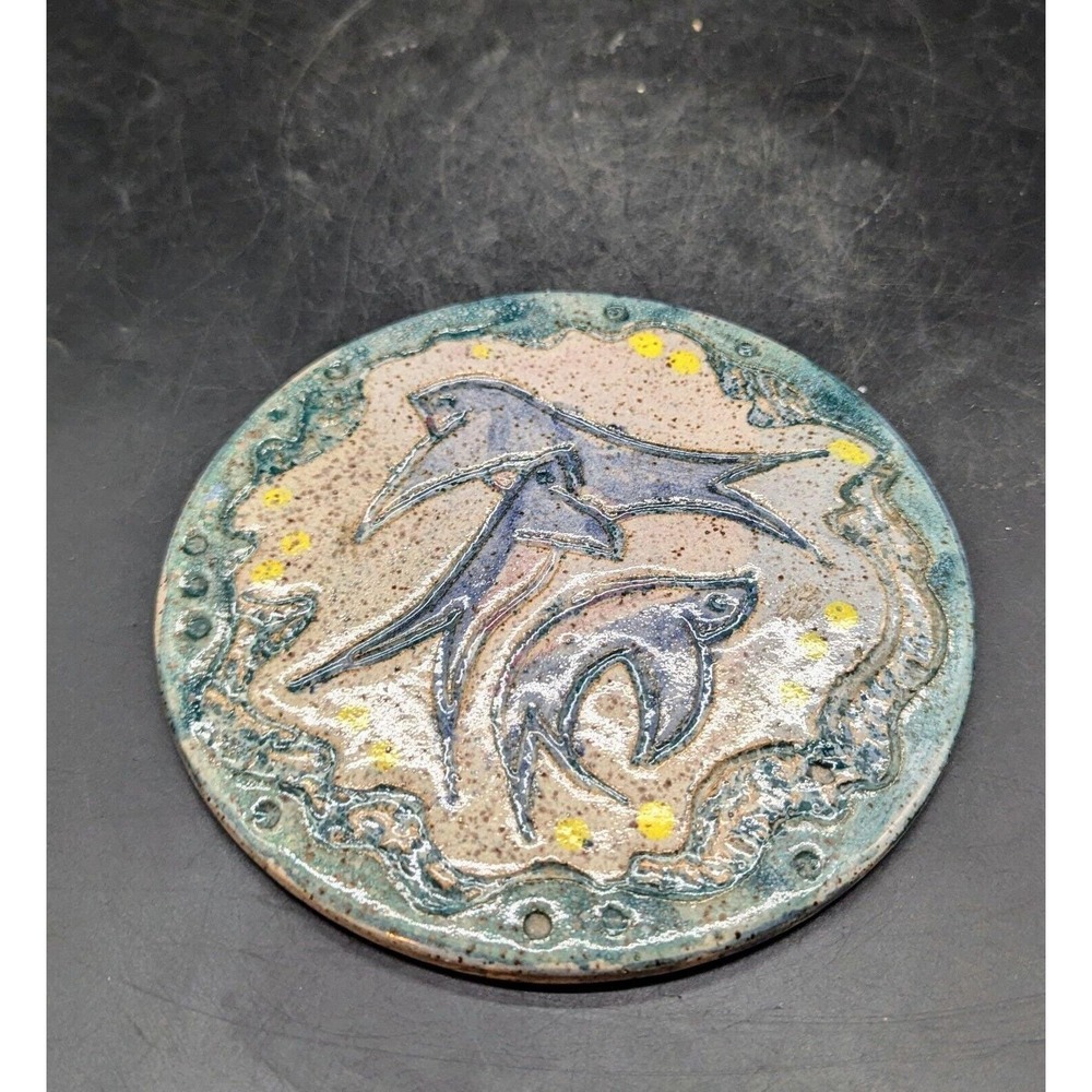 Vintage Studio Art Pottery Stoneware Wall Plaque Bird Bluebird 7"‎ Signed Ken